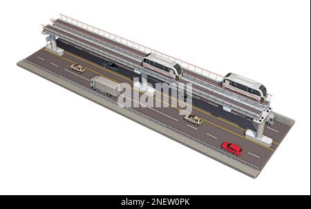 Stück Straße mit überirdischen U-Bahn isoliert auf weiß. 3d-Rendering Stockfoto