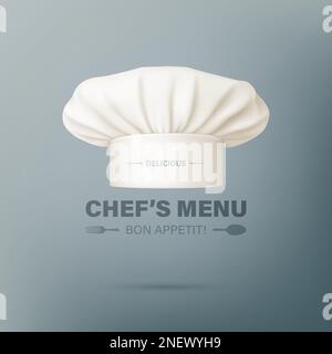 Vector-Banner mit 3D realistischen, weißen Chefhut, Toque. Cook, Baker Chef Cap Designvorlage. Bäckerei, Restaurant, Küchenuniform. Baumwollmütze Stock Vektor