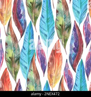 Farbenfrohes, lebendiges, nahtloses Muster in Aquarellfarben mit abstrakten tropischen Blättern. Handgezeichneter Aufdruck für Design und Material Stockfoto