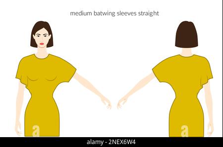 Fledermausärmel kurze Länge Kleidung Figur wunderschöne Dame in ockerfarbenem Oberteil, Hemd, Kleid, technische Modezeichnung, angepasst. Flache Bekleidungsvorlage vorne, Rückseite. Frauen, Männer, Unisex-CAD-Modell Stock Vektor