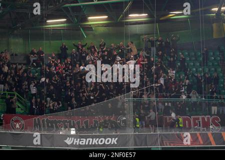 Lissabon, Portugal. 16. Februar 2023. Midtjylland-Fans feiern beim Play-off 1. Leg UEFA Europa League Fußballspiel zwischen Sporting CP und FC Midtjylland im Estadio Jose Alvalade ein Tor. Endergebnis: Sporting CP 1:1 FC Midtjylland Credit: SOPA Images Limited/Alamy Live News Stockfoto