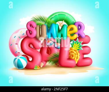 Vektordesign für Sommerangebote. Sommerangebot 3D-Text in der Urlaubssaison auf der Insel. Vektordarstellung Sommerwerbung. Stock Vektor