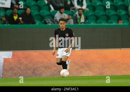 Lissabon, Portugal. 16. Februar 2023. Paulinho (Midtjylland) Fußball : UEFA Europa League Knock-out Spiel 1. Spielbeine zwischen dem Sporting Clube de Portugal 1-1 FC Midtjylland im Estadio Jose Alvalade in Lissabon, Portugal . Kredit: Mutsu Kawamori/AFLO/Alamy Live News Stockfoto