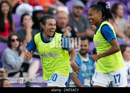 Orlando, Usa. 16. Februar 2023. Orlando, USA, Februar 16. 2023: Marta (10 Brasilien) lacht während des Spiels She Believe Cup zwischen Brasilien und Japan im Exploria Stadium in Orlando, FL (Andrea Vilchez/SPP) Kredit: SPP Sport Press Photo. Alamy Live News Stockfoto