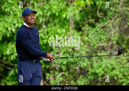 Pacific Palisades, Kalifornien, USA. 16. Februar 2023. Tiger Woods nach dem Abschlag auf dem 12. Loch der ersten Runde, die Genesis Invitational im Riviera Country Club am 16. Februar 2023. Er beendete die zweite Runde unter Par. (Kreditbild: © Mark Edward Harris/ZUMA Press Wire) NUR REDAKTIONELLE VERWENDUNG! Nicht für den kommerziellen GEBRAUCH! Stockfoto