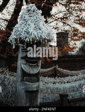 Jangseung, eine Art koreanischer Totempfahl, der vor einigen Herbstblättern im Hahoe Folk Village in Andong, Südkorea lächelt. Stockfoto