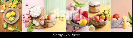 Collage aus bunten Ostereiern mit Kuchen und Tulpenblüten auf dem Tisch Stockfoto