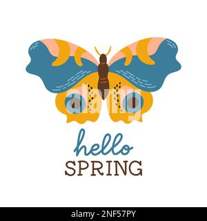 Hello Spring, handgezeichnete flache Vektordarstellung. Schriftzug im Frühling mit Schmetterling als Grußkarte Stock Vektor