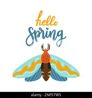 Hello Spring, handgezeichnete flache Vektordarstellung. Schriftzug im Frühling mit Schmetterling als Grußkarte Stock Vektor