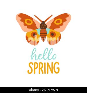 Hello Spring, handgezeichnete flache Vektordarstellung. Schriftzug im Frühling mit Schmetterling als Grußkarte Stock Vektor