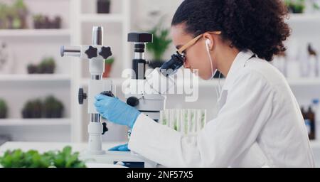 Bewertung von Teilen und Anwendungen neuer Pflanzenarten. Ein junger Wissenschaftler, der ein Mikroskop in einem Labor benutzt. Stockfoto