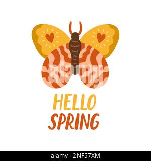 Hello Spring, handgezeichnete flache Vektordarstellung. Schriftzug im Frühling mit Schmetterling als Grußkarte Stock Vektor