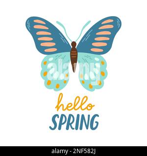 Hello Spring, handgezeichnete flache Vektordarstellung. Schriftzug im Frühling mit Schmetterling als Grußkarte Stock Vektor