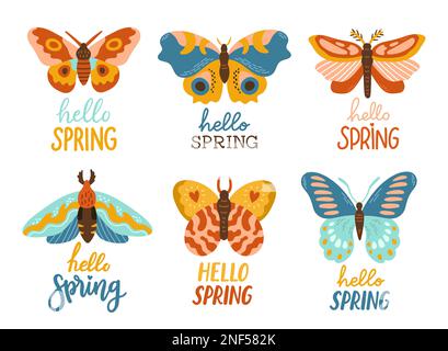 „Hello Spring“-Abbildung: Handgezeichneter Flachvektor. Schriftzug im Frühling mit Schmetterling als Grußkarte Stock Vektor