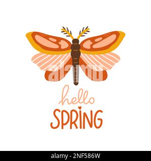 Hello Spring, handgezeichnete flache Vektordarstellung. Schriftzug im Frühling mit Schmetterling als Grußkarte Stock Vektor