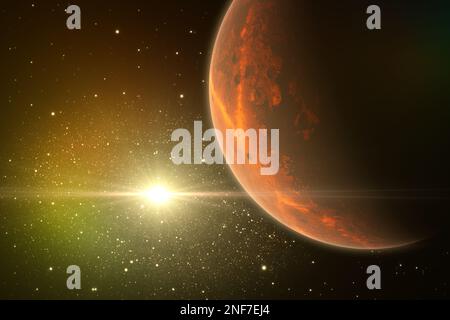 Exoplanet oder Extrasolar Planet mit fernem Quasar, extrem leuchtendem aktiven galaktischen Kern. 3D Abbildung Stockfoto