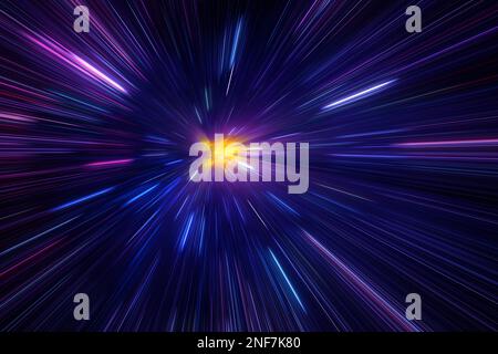 Zeitwarp, im Weltraum unterwegs. Raumzeitreisekonzept. Physik. 3D Abbildung Stockfoto