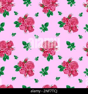 Handgezeichnete Rosen, nahtloses Muster. Aquarell Rosa Blumenzusammensetzung mit grünen Blättern auf dunkelrosa Hintergrund. Sammelalbum-Design, Typografie-Post Stockfoto
