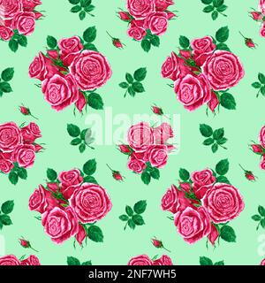 Handgezeichnete Rosen, nahtloses Muster. Aquarell Rosa Blumenzusammensetzung mit grünen Blättern auf türkisfarbenem Hintergrund. Sammelalbum-Design, Typografie-Post Stockfoto
