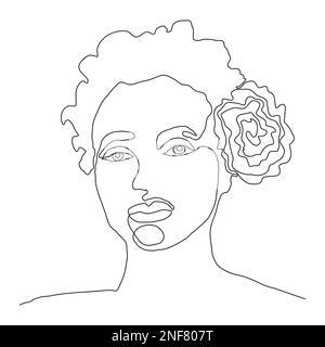 Minimalistisches Logo Von Woman Line Art. Fortlaufendes Zeichnen in einer Zeile. Linienskizze eines weiblichen Gesichts mit Blütenkopf. Schwarze weiße Vektordarstellung für T-shi Stock Vektor