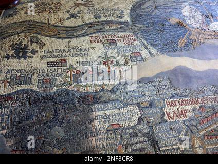 Mosaikkarte von Madaba, Madaba-Mosaik, Palästina-Mosaik, Teil eines spätantiken mosaiks in der St.-Georgs-Kirche in Madaba, Jordanien / Madaba M. Stockfoto