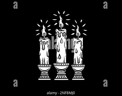 Traditionelles Tattoo-inspiriertes Design mit coolem Grafikdesign Kerzen in Schwarz und Weiß auf schwarzem Hintergrund Stockfoto