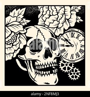 Ein traditionelles Tattoo-inspiriertes, cooles Grafikdesign, das den Mori-Schädel mit Uhr und Rosen in Schwarz und Weiß illustriert Stockfoto