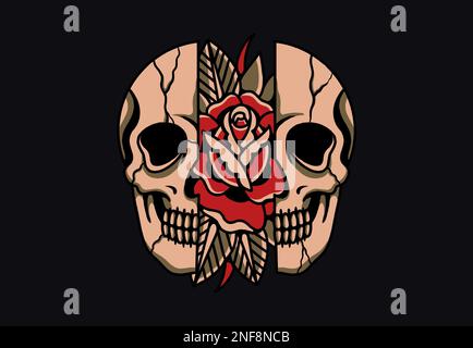 Ein traditionelles Tattoo-inspirierter Schädel mit coolem Grafikdesign in zwei Hälften mit Rose innen auf schwarzem Hintergrund Stockfoto