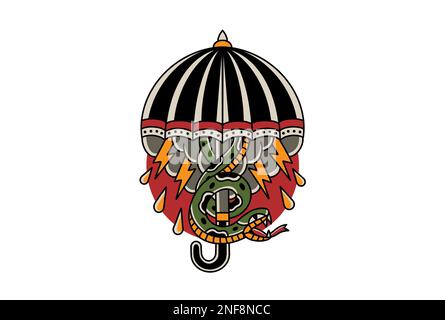 Ein traditionelles Tattoo-inspiriertes, cooles Grafikdesign sanke mit Regenschirm und Gewitter mit Blitzeinschlägen in Farbe Stockfoto