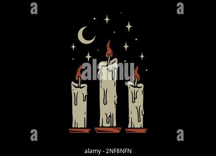 Traditionelles Tattoo-inspiriertes Design mit coolem Grafikdesign, bei Nacht Kerzen mit Mond und Sternen Stockfoto