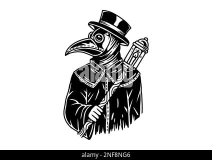 Old School traditionelle Tattoo inspirierte kühle Grafik-Design Illustration mittelalterliche Pestdoktor mit Laterne und Schnabelmaske Stockfoto