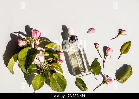 Transparente Flasche mit Serum zur Hautpflege von Gesicht und Körper. Natürliche Kosmetik verjüngen. Draufsicht. Marmorhintergrund. Rosa Apfelblüten Stockfoto