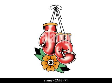 Traditionelles Tattoo-inspiriertes Design mit coolem Grafikdesign Boxhandschuhe mit Blütenfarbe Stockfoto