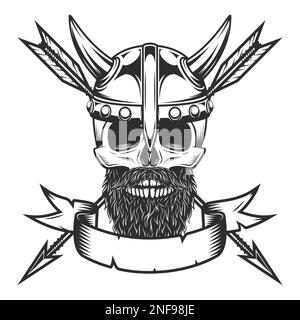 Wikingerschädelkopf mit Schnurrbart und Bart in Hörnenhelm mit Jagdpfeil im monochromen Stil mit isoliertem Designelement für Etikett oder Schild und Emblem Stock Vektor