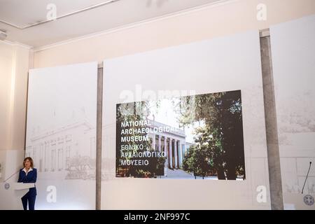 Griechenland, Athen auf 2023-02-15. Der griechische Ministerpräsident Kyriakos Mitsotakis nimmt an der Vorstellung des Architekturplans für die Expans Teil und spricht Stockfoto