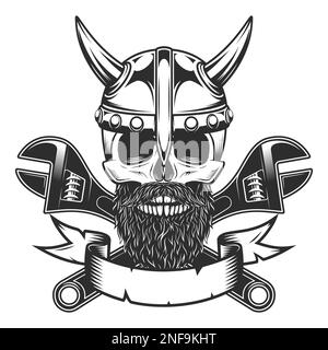 Schädel in Hörner-viking-Helm mit Schnurrbart und Bart mit Bartschlüssel für Gas- und Sanitärrohre oder Reparatur von Maulschlüsseln für Karosseriewerkstätten Stock Vektor
