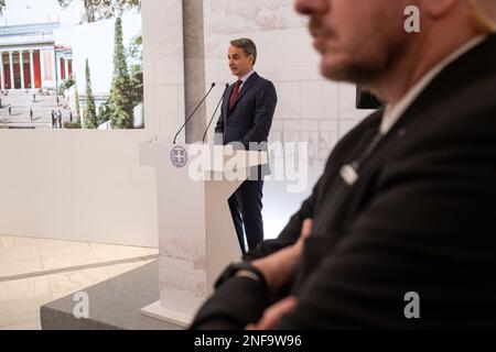 Griechenland, Athen auf 2023-02-15. Der griechische Ministerpräsident Kyriakos Mitsotakis nimmt an der Vorstellung des Architekturplans für die Expans Teil und spricht Stockfoto