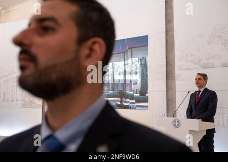 Griechenland, Athen auf 2023-02-15. Der griechische Ministerpräsident Kyriakos Mitsotakis nimmt an der Vorstellung des Architekturplans für die Expans Teil und spricht Stockfoto