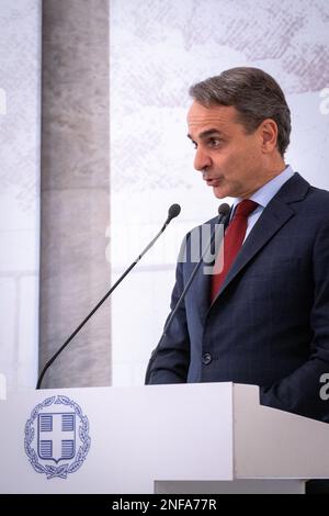 Griechenland, Athen auf 2023-02-15. Der griechische Ministerpräsident Kyriakos Mitsotakis nimmt an der Vorstellung des Architekturplans für die Expans Teil und spricht Stockfoto