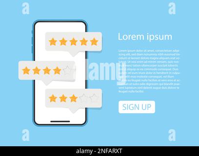 Smartphone mit Symbol für Kundenfeedback im flachen Stil. Vektordarstellung der Produktbewertung auf isoliertem Hintergrund. Prüfen Sie das Geschäftskonzept für die Unterzeichnung des Feedbacks Stock Vektor