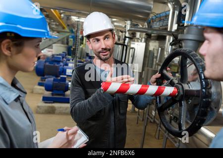 Elektroingenieur mit Auszubildenden, die in der Schaltwarte arbeiten Stockfoto