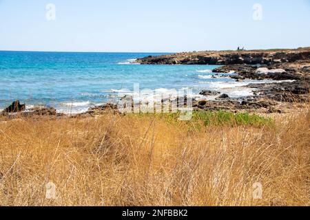 Der Weg zwischen Meer und Lagune im Vendicari Naturreservat Wildlife Oase, zwischen Noto und Marzamemi, Sizilien, Italien Stockfoto