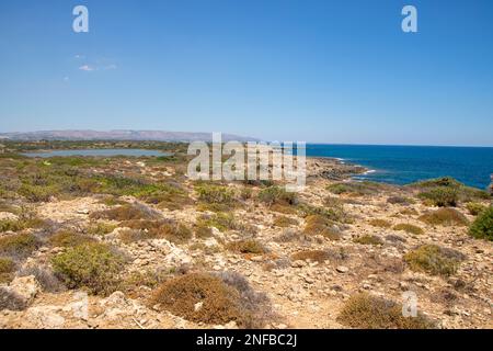 Der Weg zwischen Meer und Lagune im Vendicari Naturreservat Wildlife Oase, zwischen Noto und Marzamemi, Sizilien, Italien Stockfoto