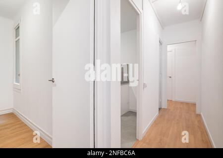 Blick vom Eingang auf das neue, leere Apartment nach Renovierung in weißen Tönen mit Holzfußboden. Gemütliches Apartment in einem neuen Gebäude mit modernem Minimalismus Stockfoto
