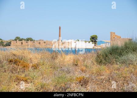 Antiker Tonnara- und Sveva-Turm im Vendicari Nature Reserve Wildlife Oase, zwischen Noto und Marzamemi, Sizilien, Italien. Stockfoto