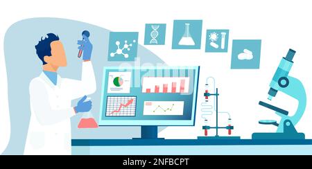 Vektor eines Wissenschaftlers im medizinischen Labor, der Testergebnisse am Computer auswertet und ein Fläschchen in der Hand hält Stock Vektor