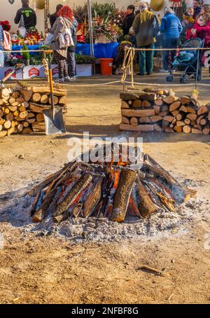 Beginnen Sie mit einem großen Lagerfeuer, das mit Holzstämmen aus dem Rauch kommt, in einem beliebten Dorffestival für typische ländliche Feiern und die Menschen in der Umgebung Stockfoto