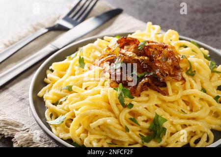 Kasespatzle leckere Nudeln mit Käse und gebratenen Zwiebeln aus nächster Nähe auf einem Teller auf dem Tisch. Horizontal Stockfoto