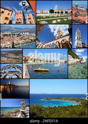 Kroatien Reise Foto Set - Collage mit Dalmatien Küsten, Split, Trogir, Pula, Rovinj, Sibenik und Zadar. Stockfoto