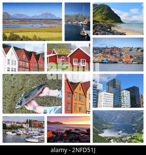 Norwegen Fotocollage - Reisekollektion mit Fjorden, Oslo, Bergen, Kristiansund und Lofoten. Stockfoto